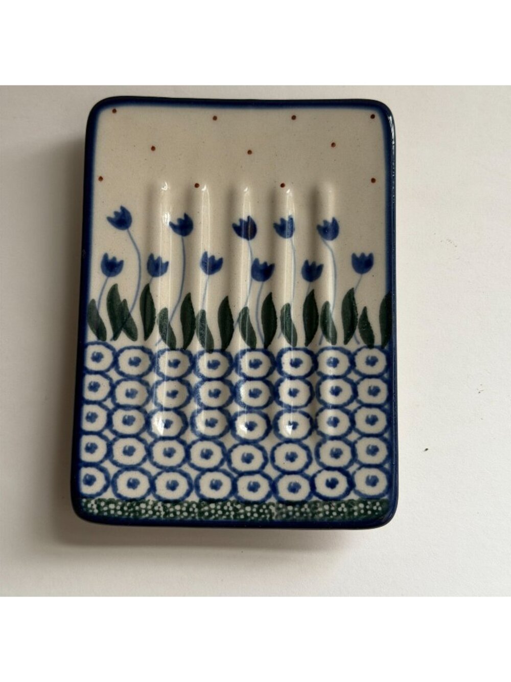 NWT Artistic Ceramics Boleslawiec Polish Pottery Blue Water Tulip 5" Soap Dish